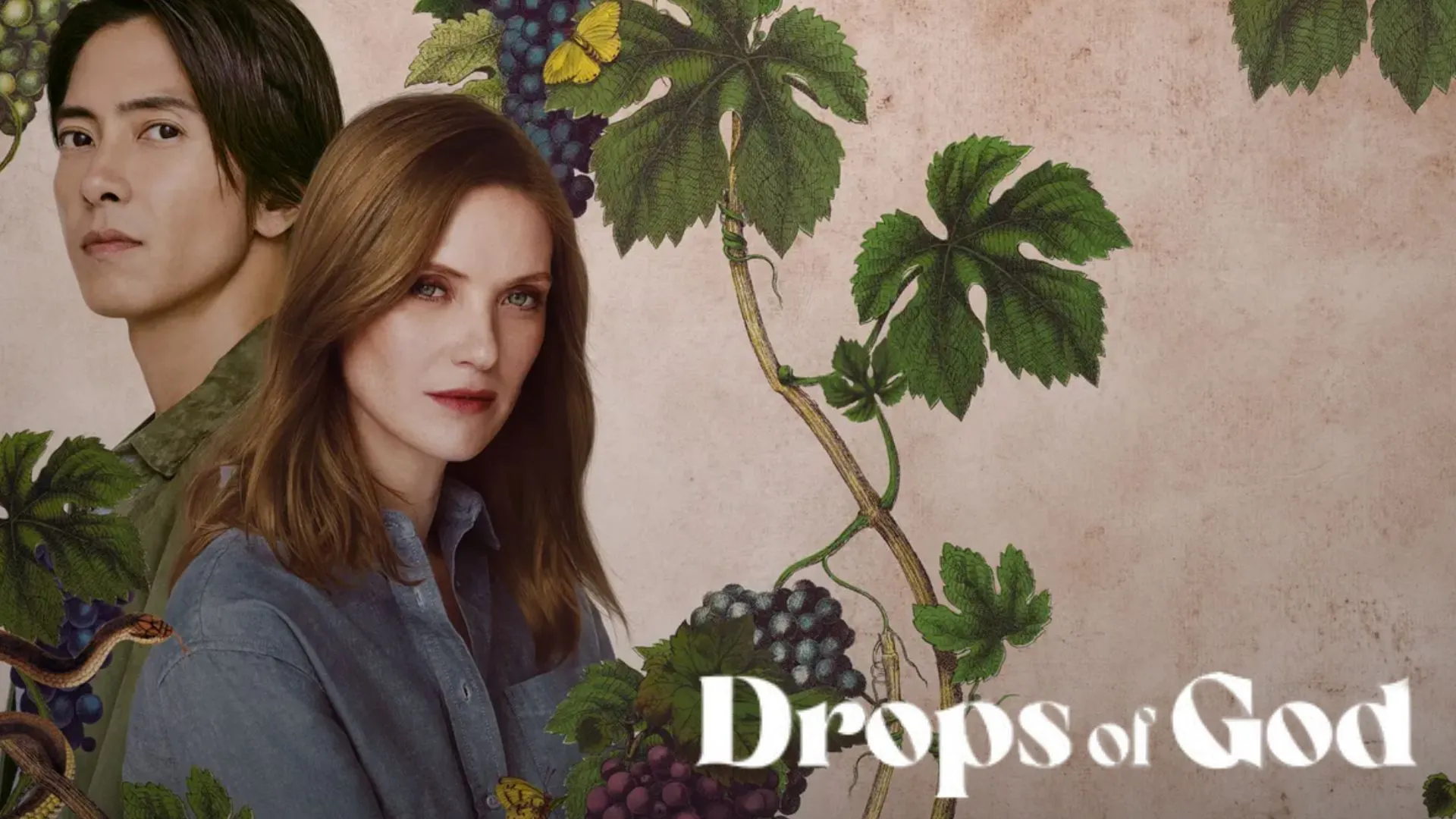 Auto-generated description: Two individuals stand against a backdrop featuring grapevines, with the text Drops of God prominently displayed.