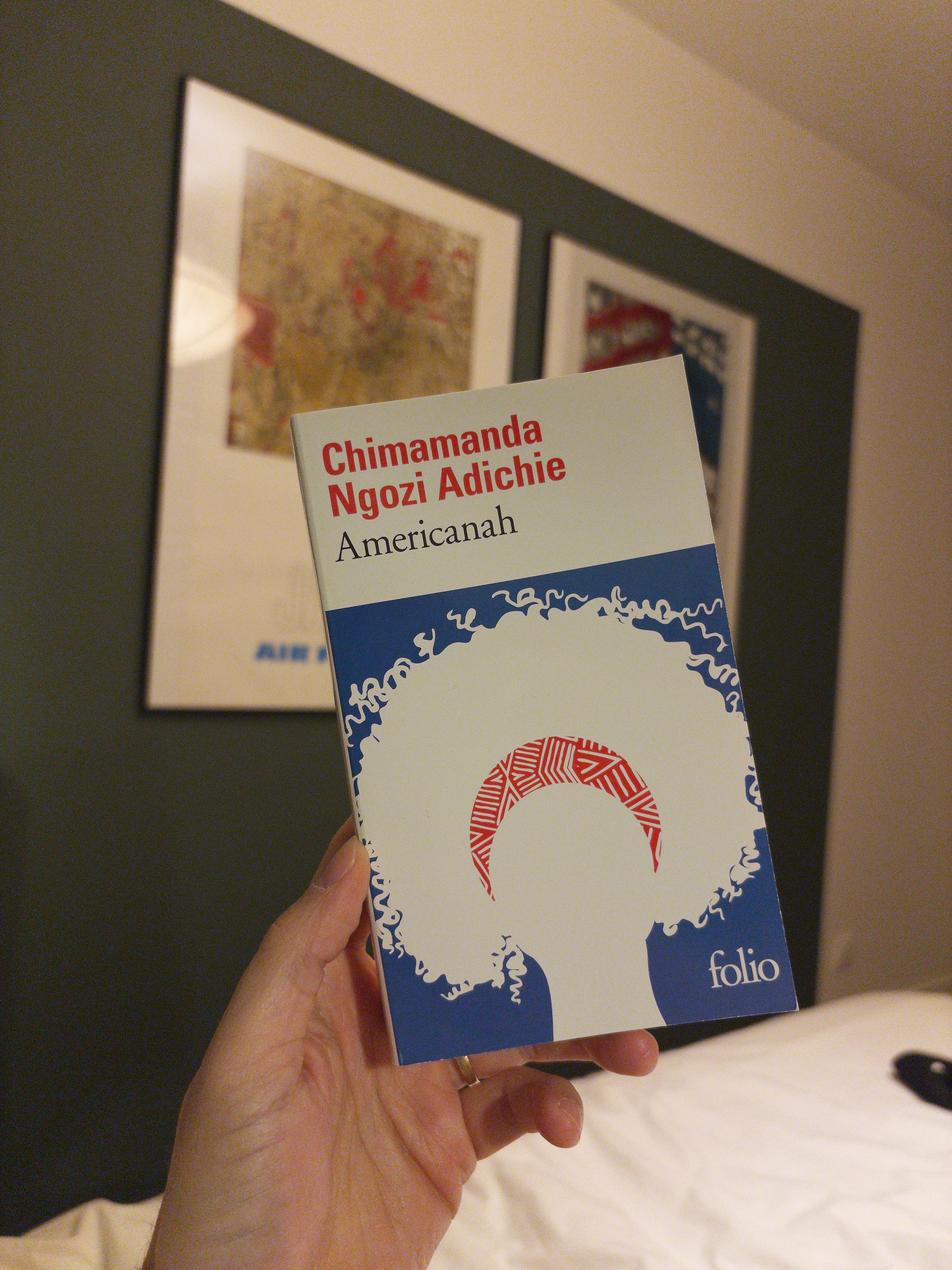 A hand holds a copy of the book Americanah by Chimamanda Ngozi Adichie in a room with framed art on the walls.