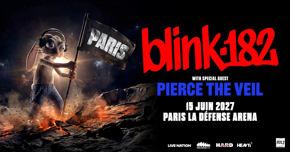 Auto-generated description: A humanoid giant bunny holding a flag that says Paris stands on a rocky, fiery surface next to bold text announcing a Blink-182 concert with special guest Pierce The Veil on June 15, 2027, at Paris La Défense Arena.