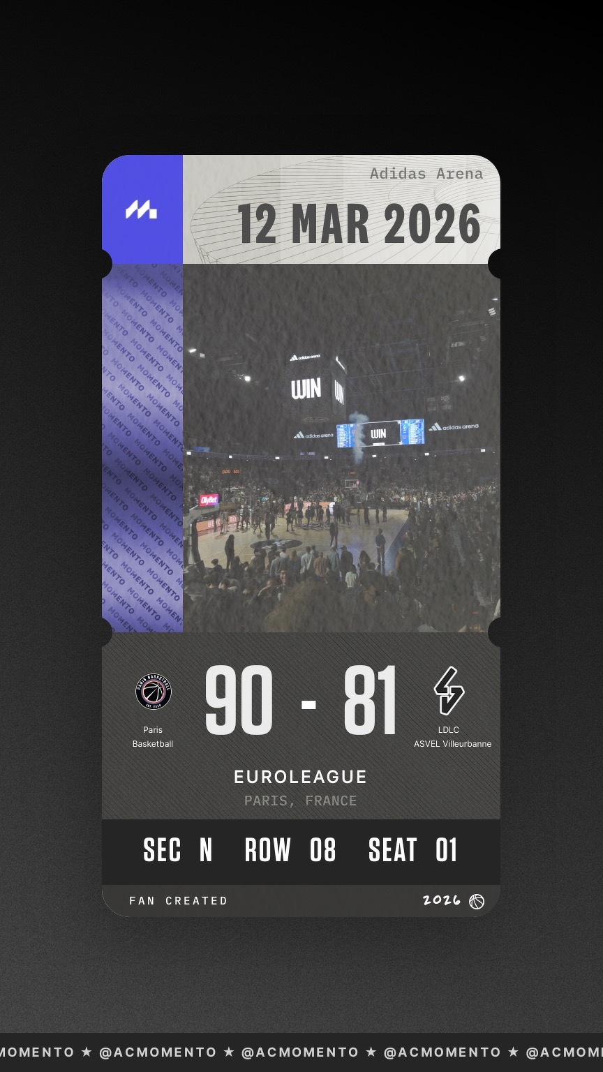 A basketball match ticket shows the final score as 90-81, with Paris Basketball winning against LDLC ASVEL Villeurbanne at the Adidas Arena on March 12, 2026.