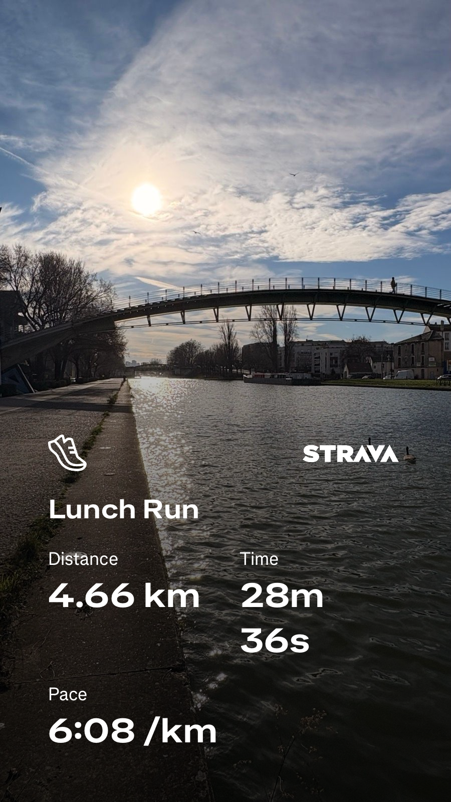 A riverside scene features a bridge beneath a partly cloudy sky, alongside text detailing a 4.66 km lunch run logged on Strava.