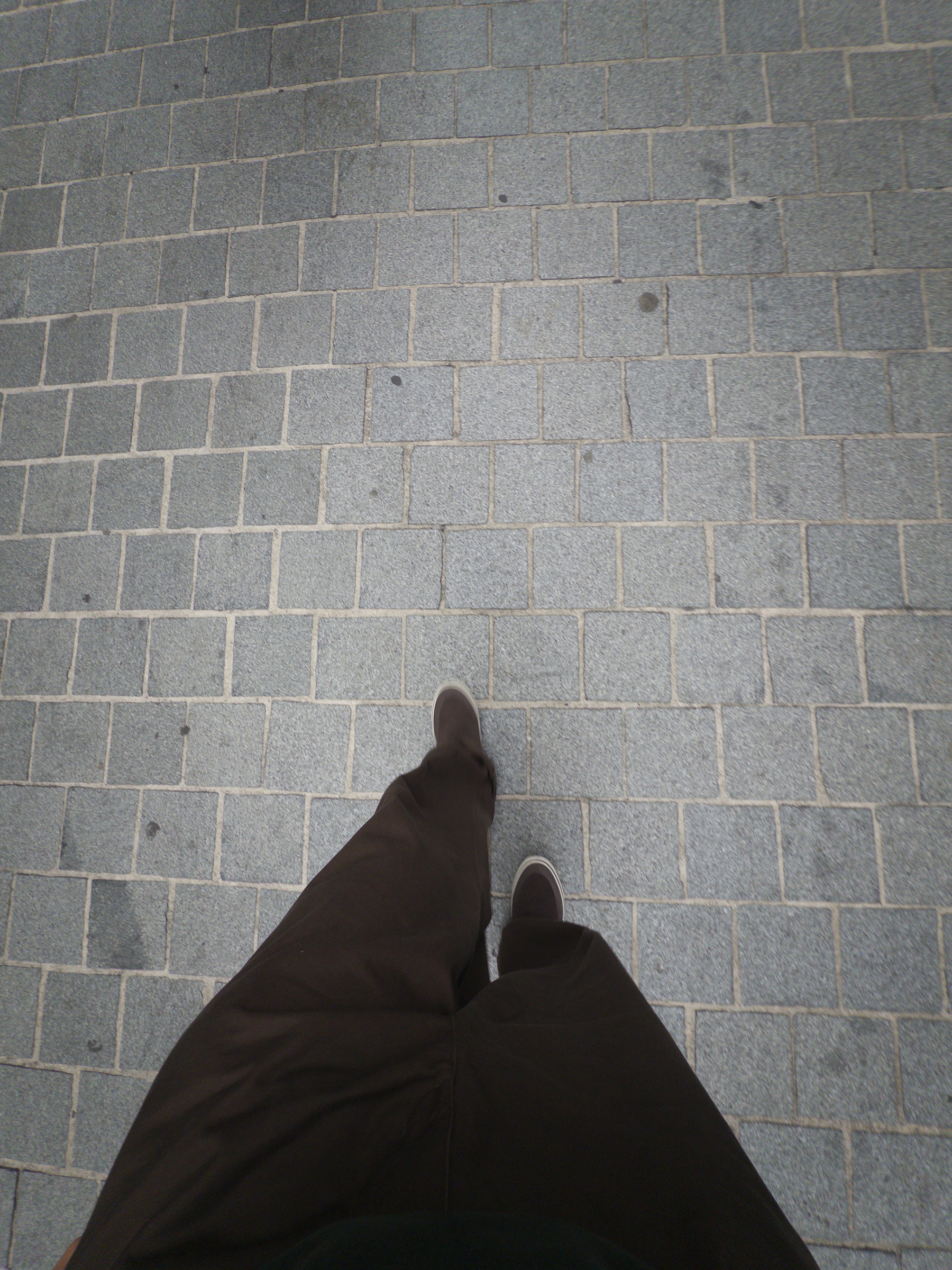 Auto-generated description: A person wearing dark pants and dark shoes is walking on a paved stone pathway.