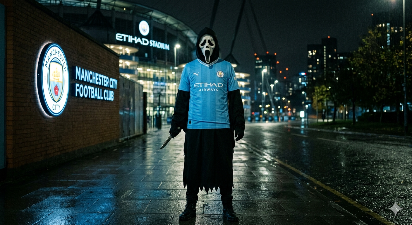 A person wearing a Ghostface mask and a Manchester City football jersey stands outside Etihad Stadium at night, holding a knife.