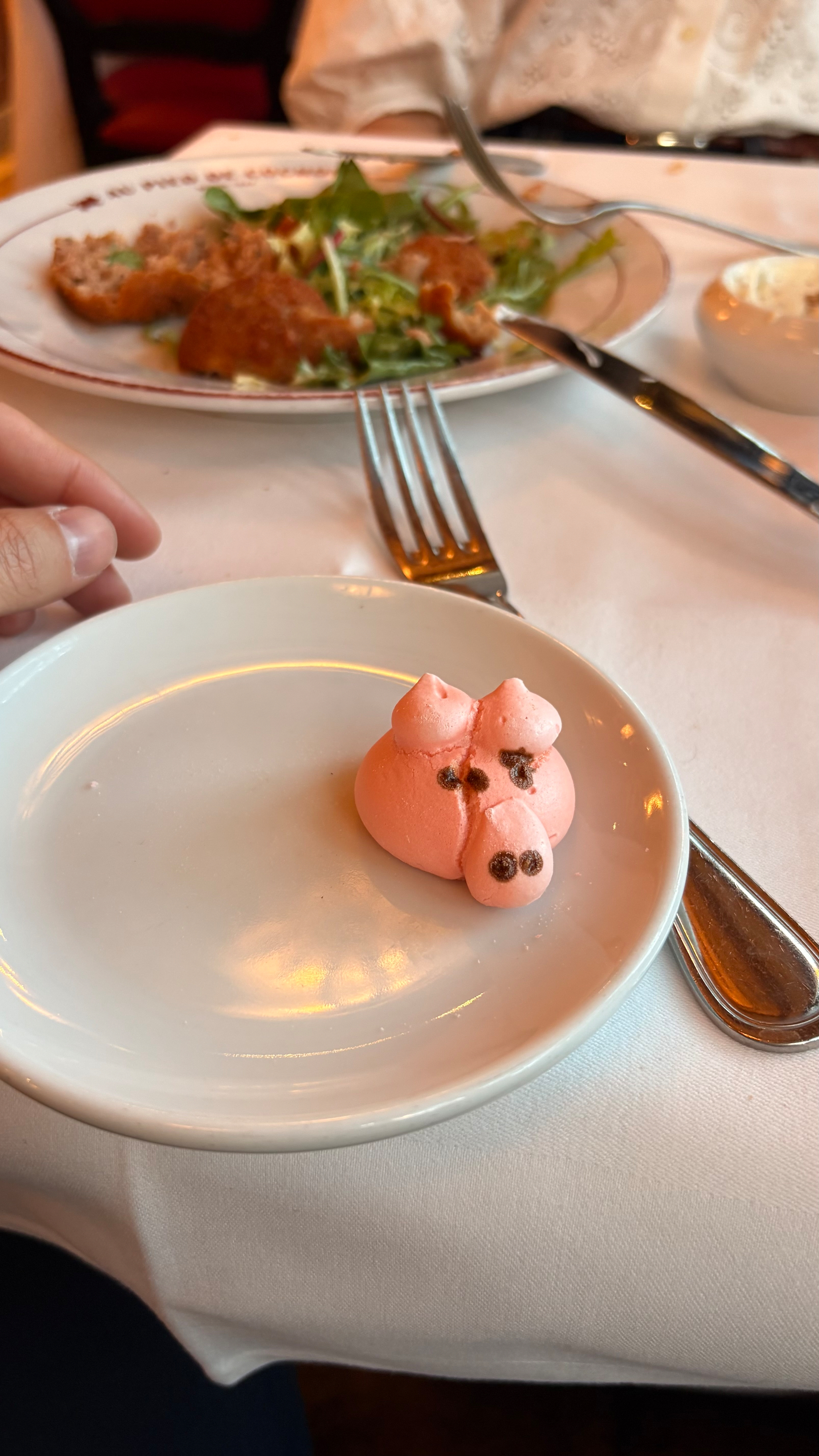 A small, pink meringue pig face rests on a white plate beside a fork, with a salad dish in the background.