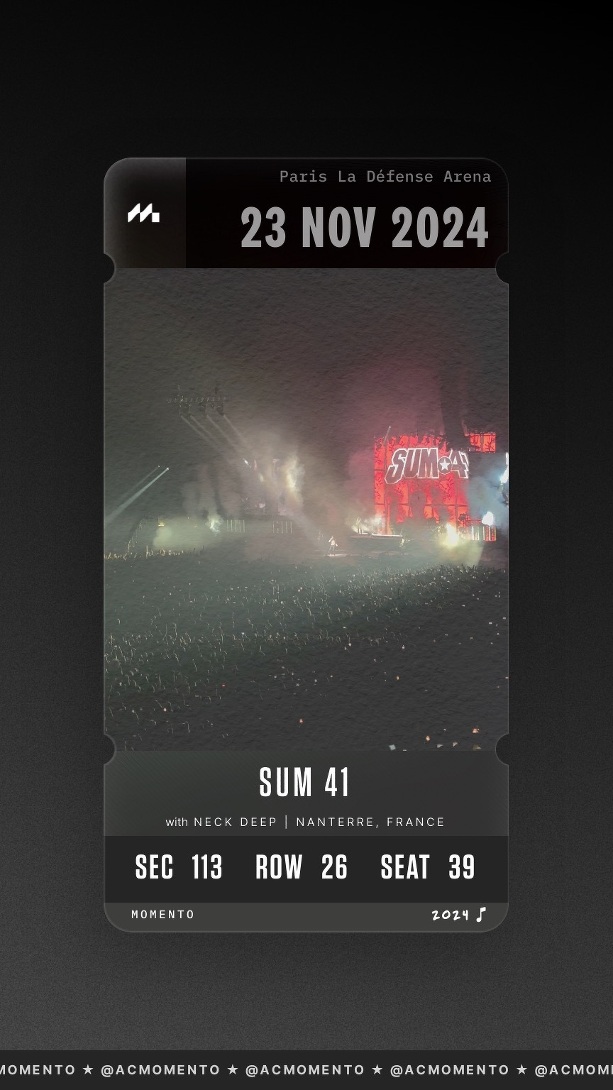 A concert ticket for Sum 41's performance on November 23, 2024, at Paris La Défense Arena is shown, indicating seating in section 113, row 26, seat 39.