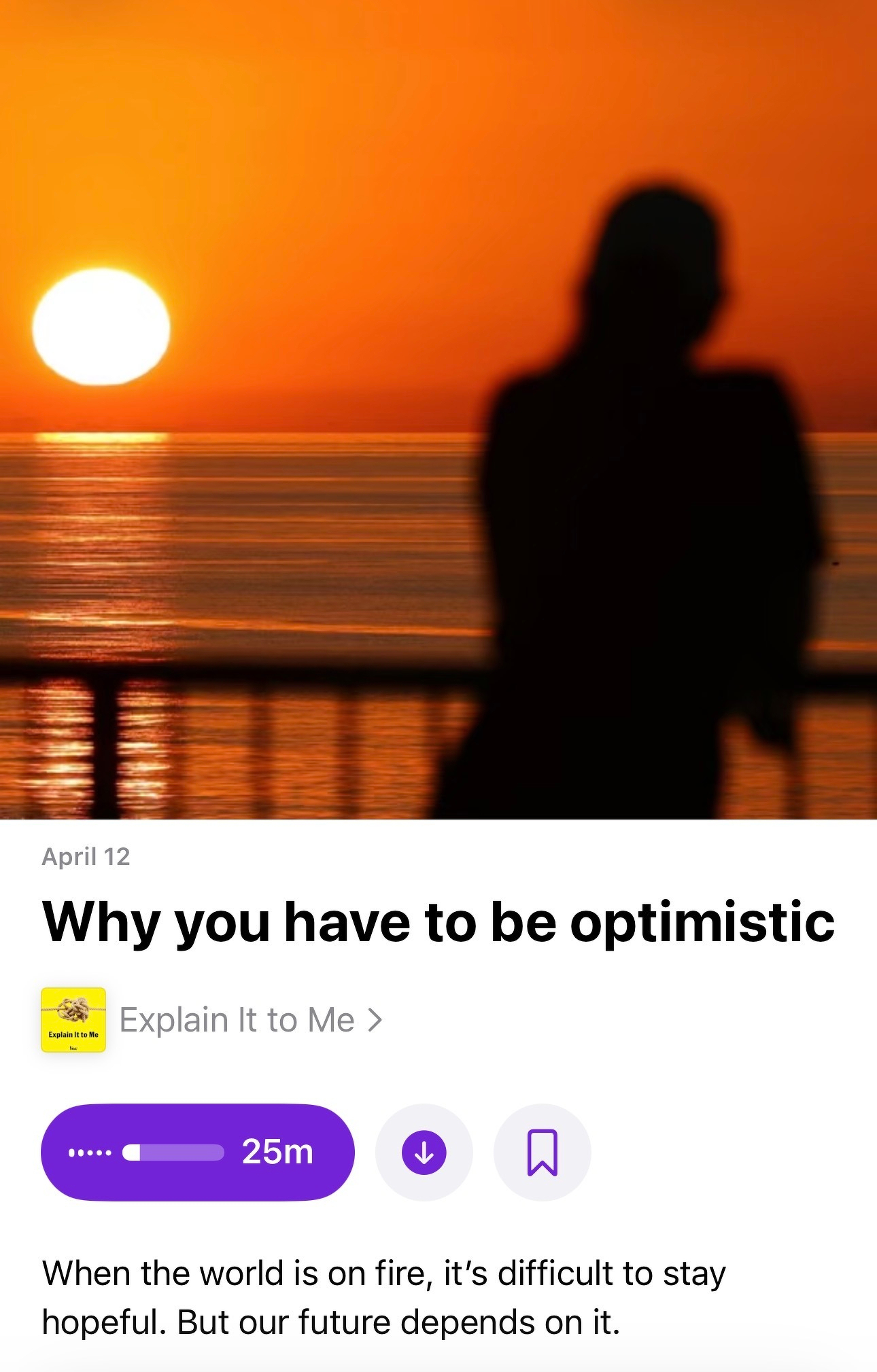 A silhouetted person stands by the ocean at sunset, accompanied by the text Why you have to be optimistic and a brief motivational excerpt.