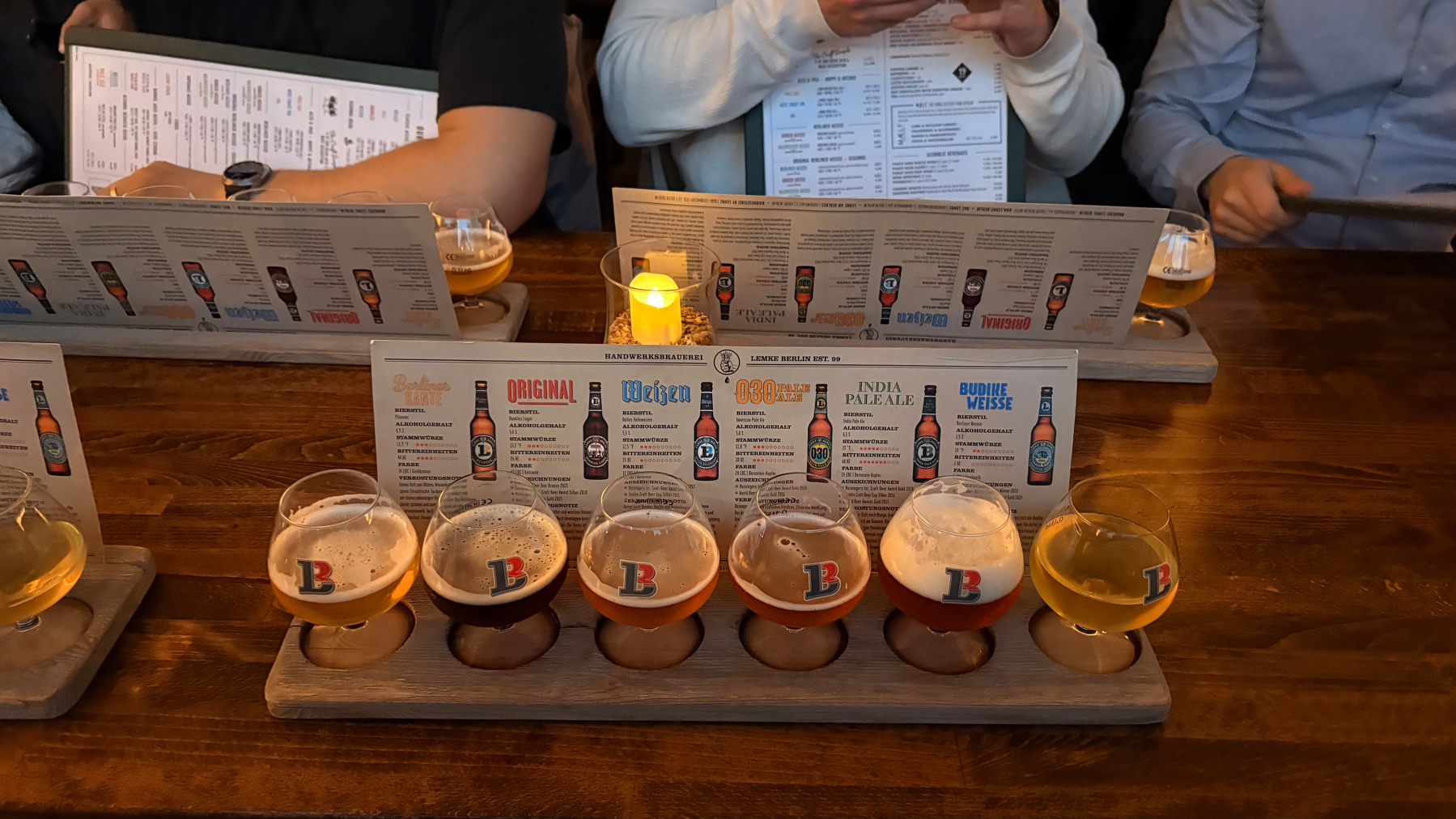 Auto-generated description: Several people are seated at a table with tasting flights of different beers in front of them.