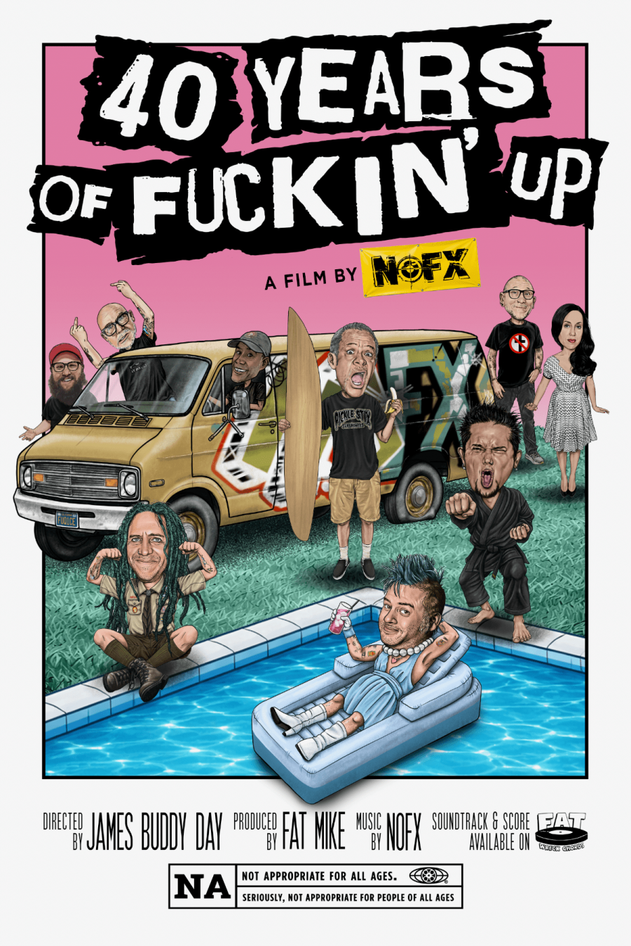 A colorful, cartoon-style poster features caricatures of band members around a van and a pool, promoting the film 40 Years of Fuckin Up by NOFX.