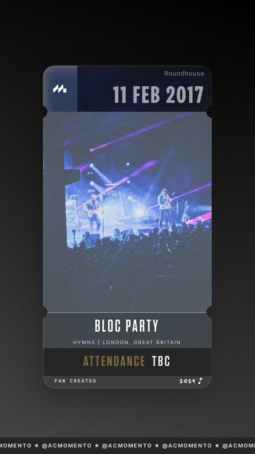 A concert ticket design features Bloc Party performing at the Roundhouse in London on February 11, 2017, with attendance to be confirmed.