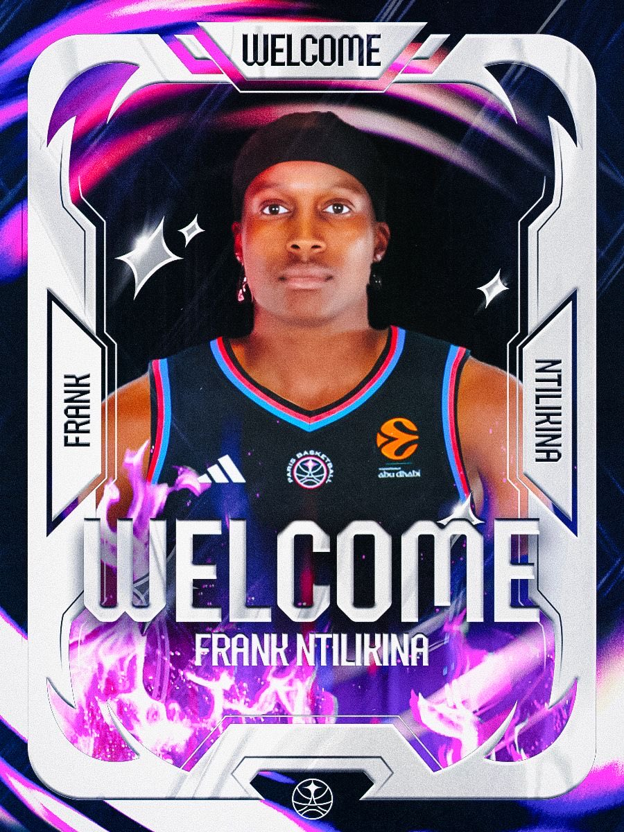 Auto-generated description: Frank Ntilikina is featured in a dynamic graphic design welcoming him, with his name prominently displayed and a vibrant background.