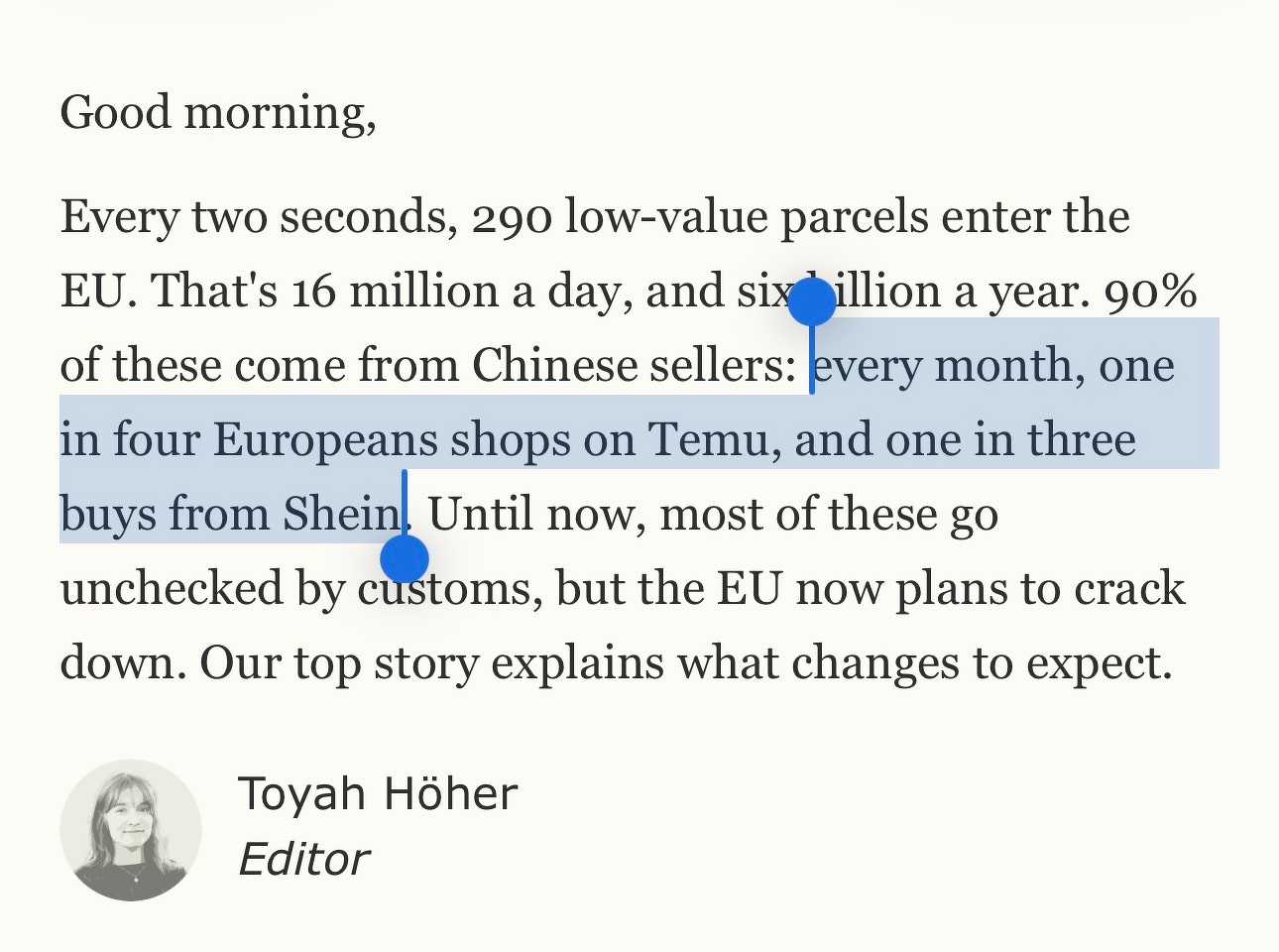 A note from editor Toyah Höher discusses the high volume of low-value parcels entering the EU from Chinese sellers, highlighting monthly shopping statistics from Temu and Shein.