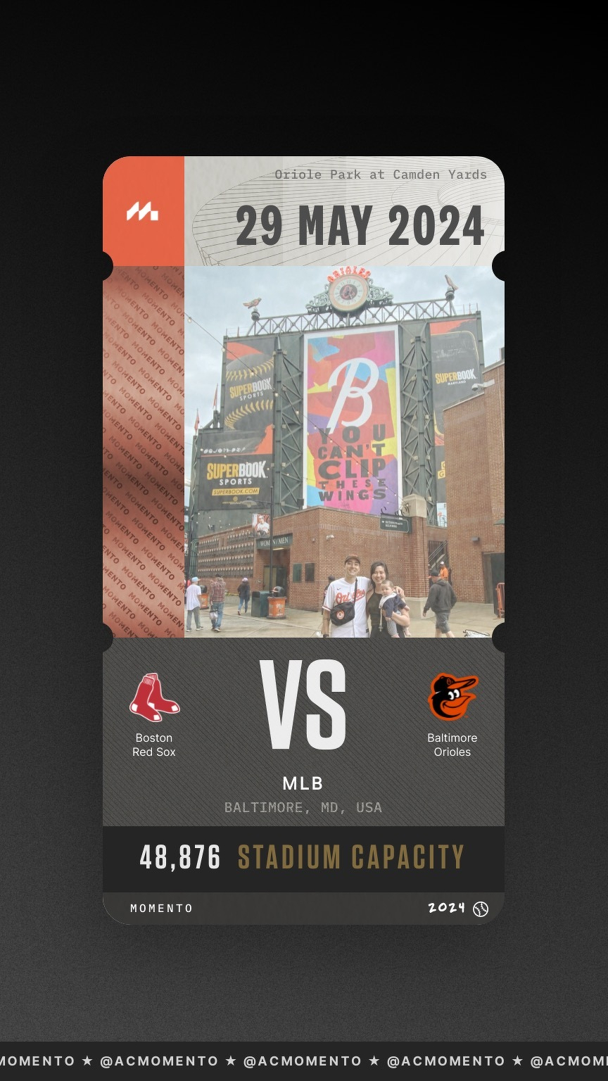 A digital ticket displays a May 29, 2024, baseball game between the Boston Red Sox and Baltimore Orioles at Oriole Park at Camden Yards.