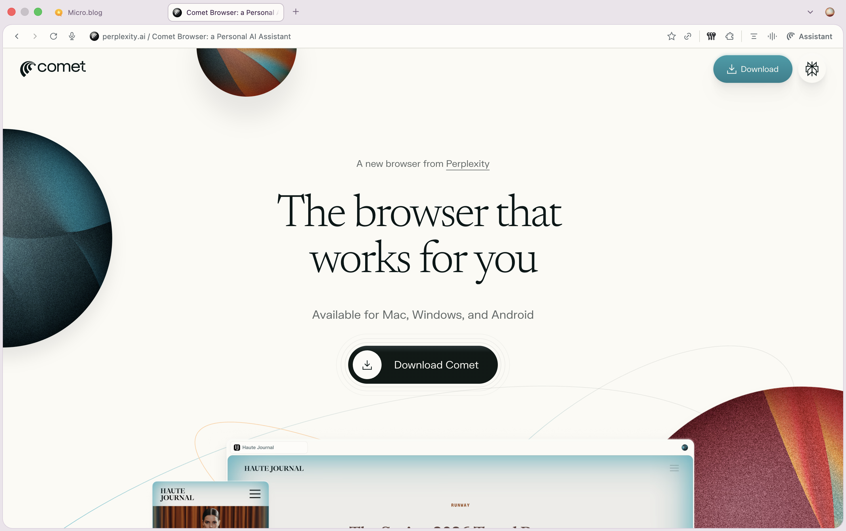 A webpage advertises Comet, a browser available for Mac, Windows, and Android, with a download button prominently displayed.