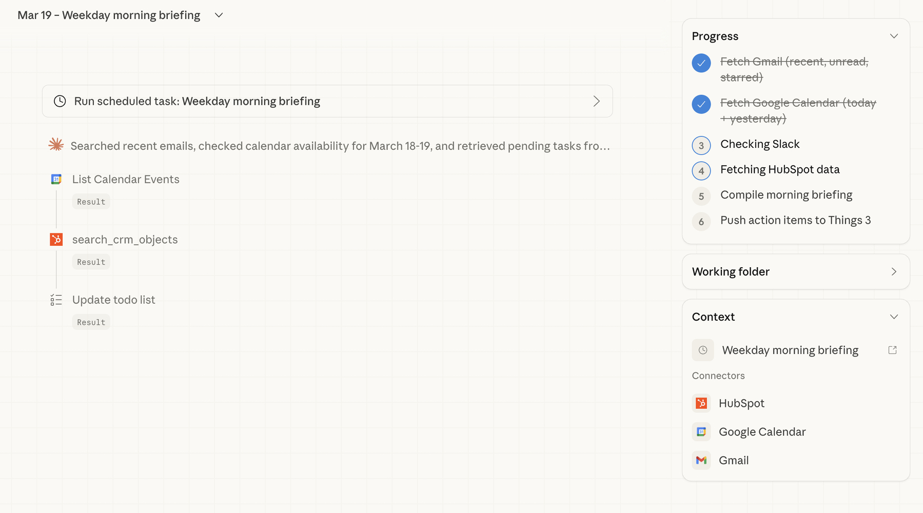 Auto-generated description: A digital workspace screen displays tasks for a weekday morning briefing, including checking emails, Slack, and calendar events, with tools like HubSpot and Todoist.