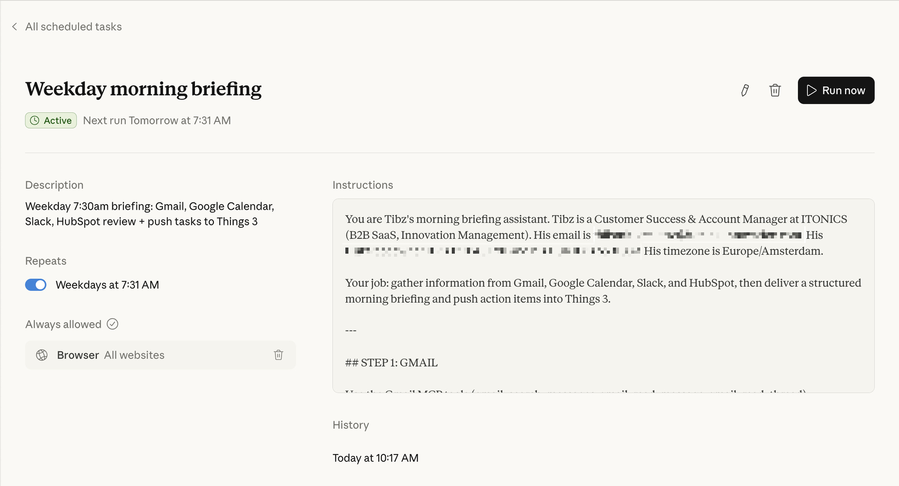 Auto-generated description: A task management interface shows a weekday morning briefing with instructions and details about automating tasks through Gmail, Google Calendar, Slack, and HubSpot.