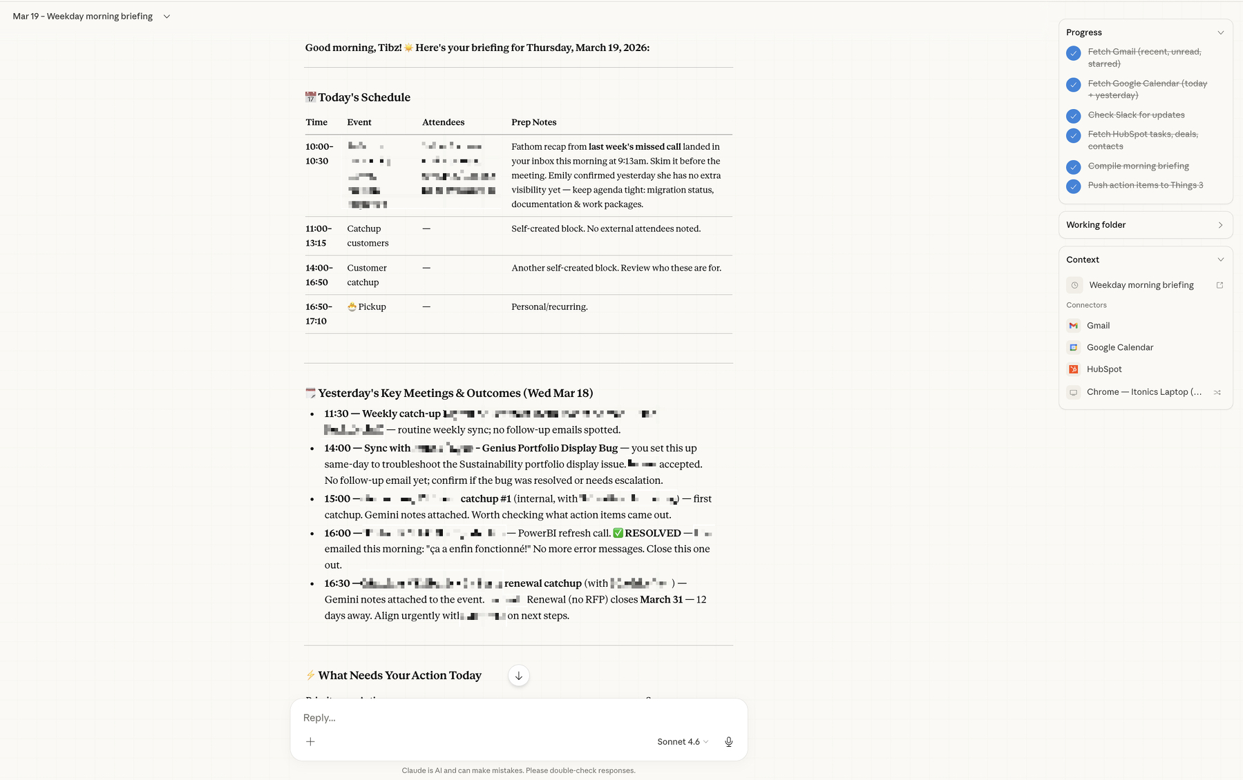 Auto-generated description: A digital planner displaying a daily schedule with time slots, meetings, and tasks for Thursday, March 16, 2023, is shown on a computer screen.