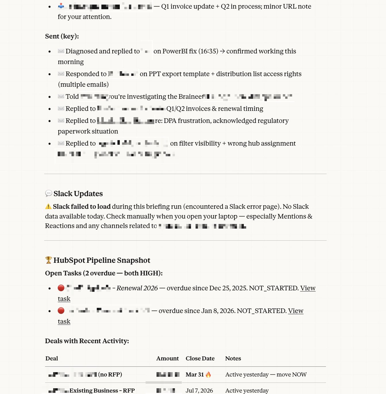 Auto-generated description: A screenshot shows an email featuring sections for the Sent key, Slack updates, and a HubSpot pipeline snapshot with upcoming tasks and renewals.