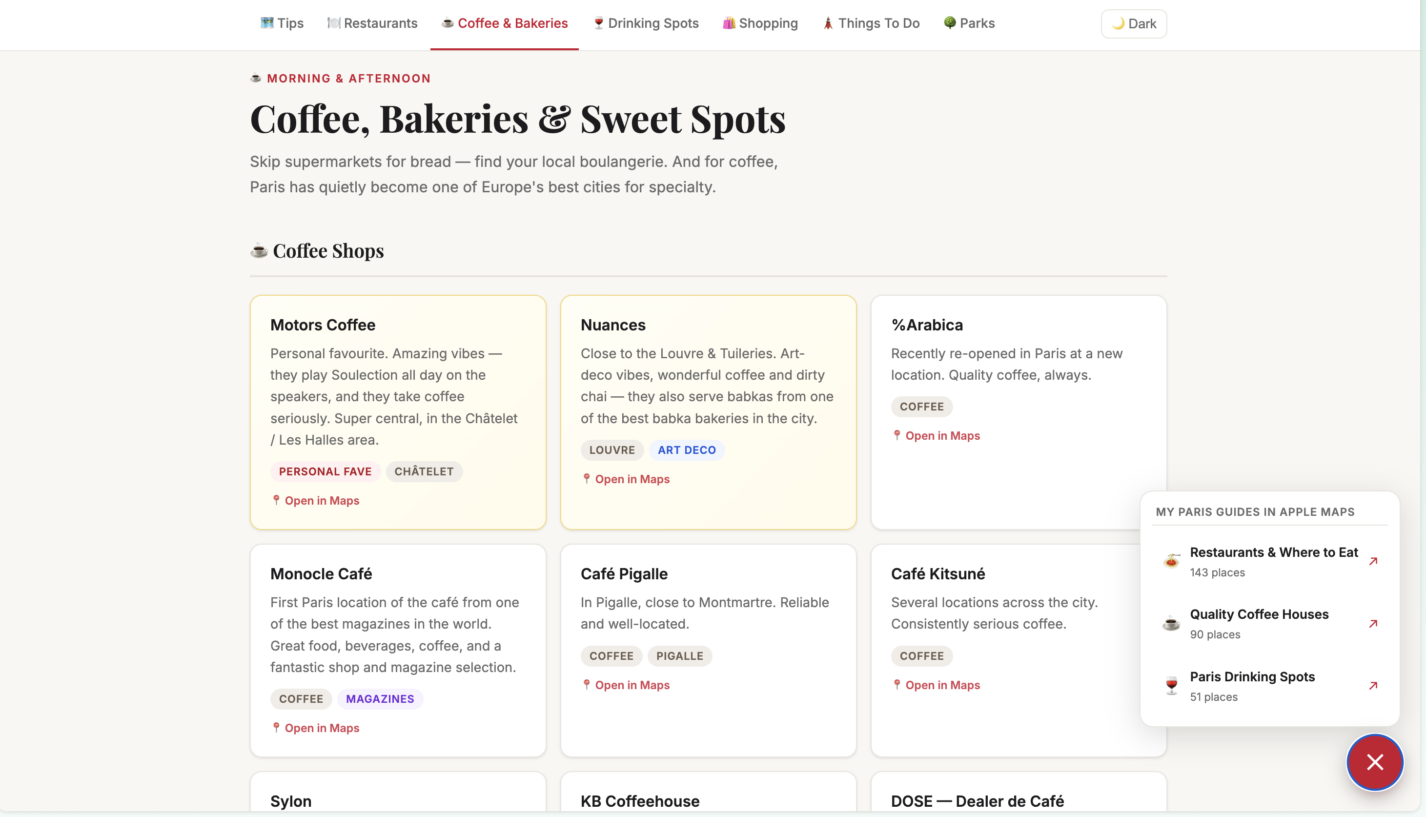 Auto-generated description: A webpage lists various coffee shops, bakeries, and sweet spots in Paris, each with brief descriptions and links for more information.