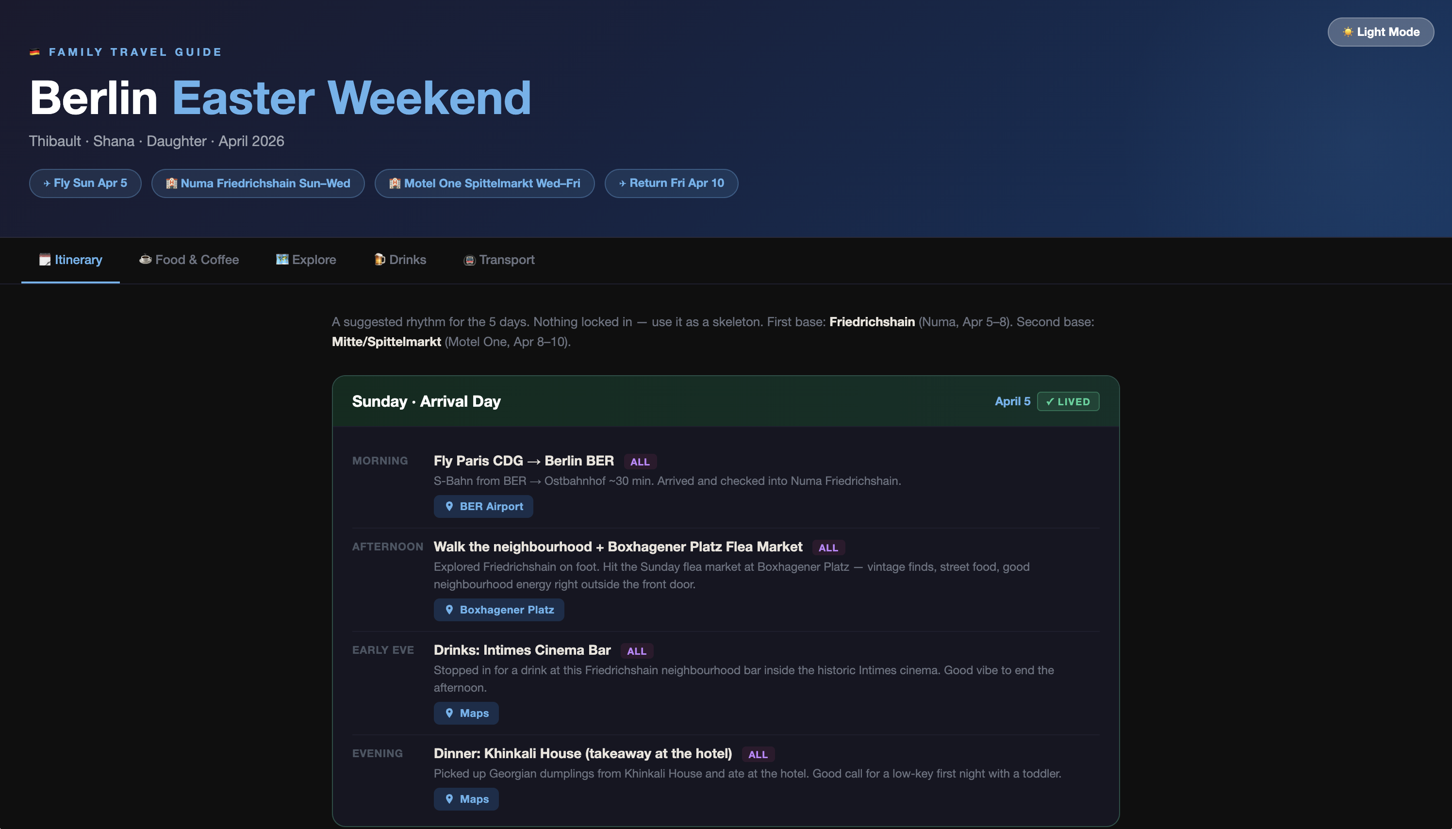 Auto-generated description: A family travel guide itinerary for a Berlin Easter weekend in April 2023, detailing a Sunday arrival with activities such as visiting Bouquinerie Place Flea Market and Intimes Cinema Bar.