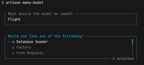 A screenshot of the artisan make:model cli command, showing that it allows to create a database seeder when creating a model.