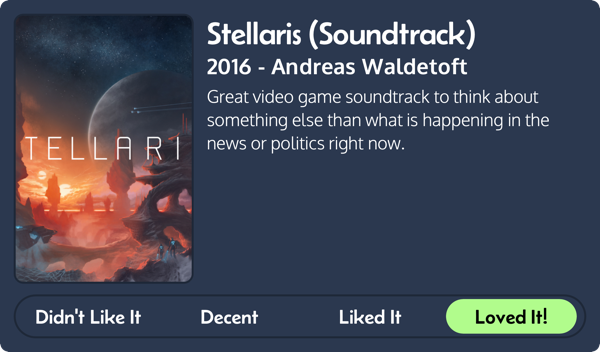 A review made with quickreviews.app, telling you that I loved the Stellaris Soundtrack from 2016, by Andreas Waldetoft. Here's the review text: Great video game soundtrack to think about something else than what is happening in the news or politics right now. The cover image had the wrong aspect ratio to fit the template and is therefore cropped weirdly.