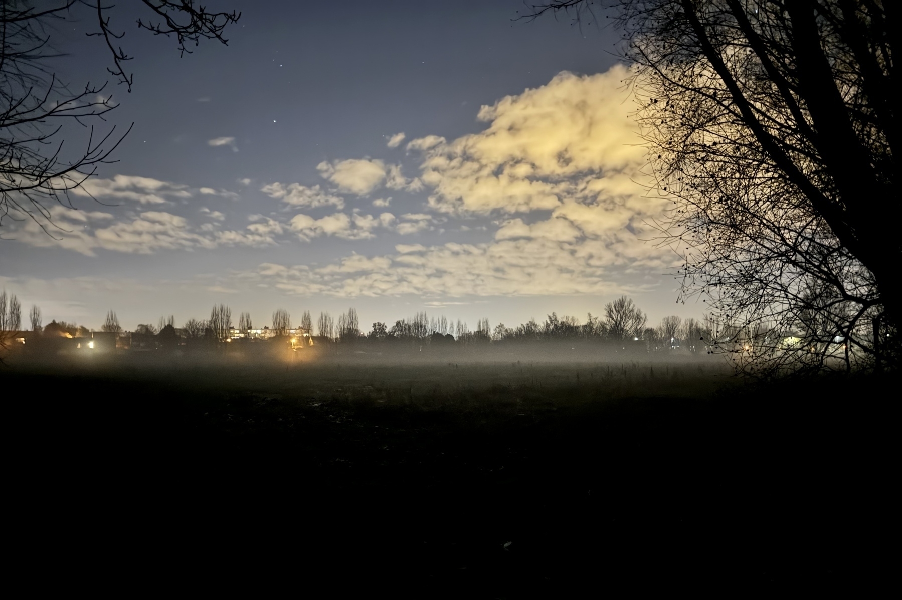 Misty field at night with illuminated clouds and a treeline silhouette against a starry sky; distant lights suggest a nearby settlement.