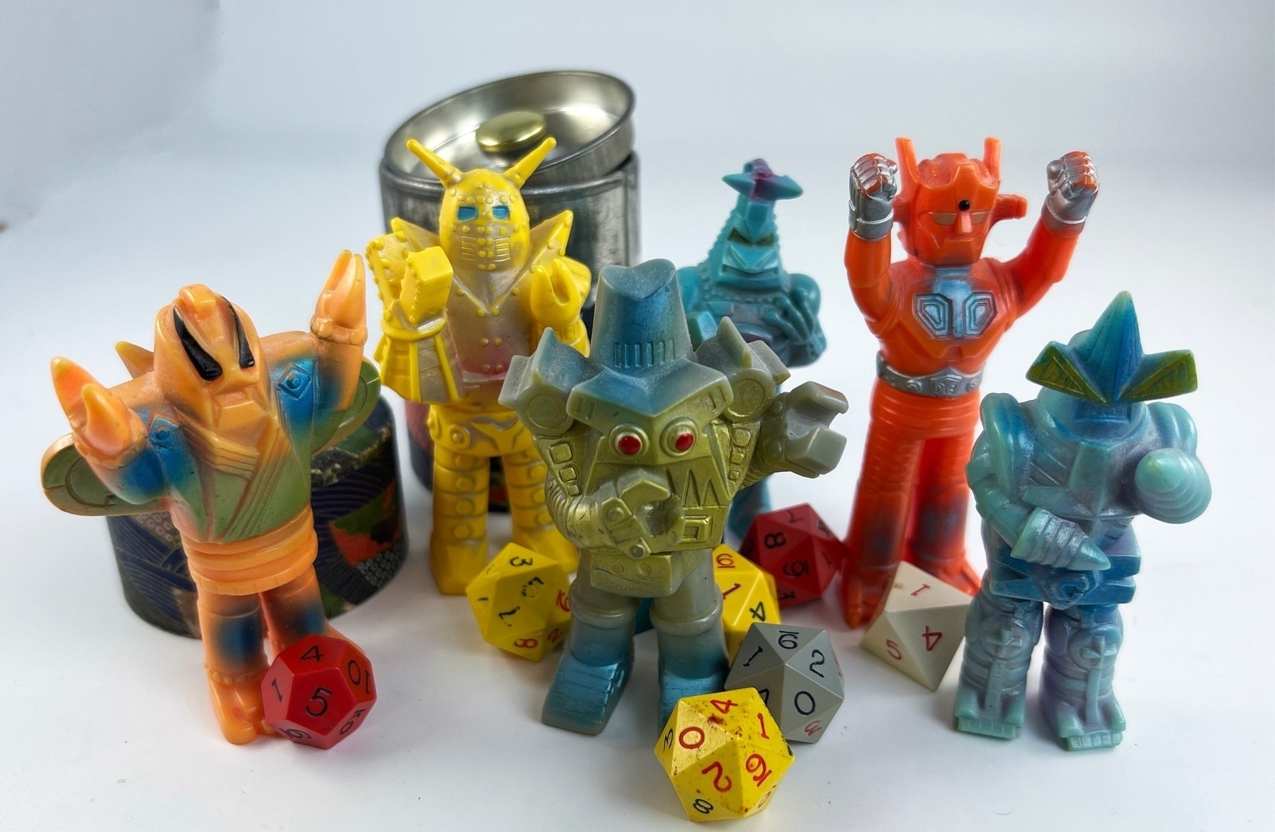 a set of soft vinyl robots from a Japanese TV show