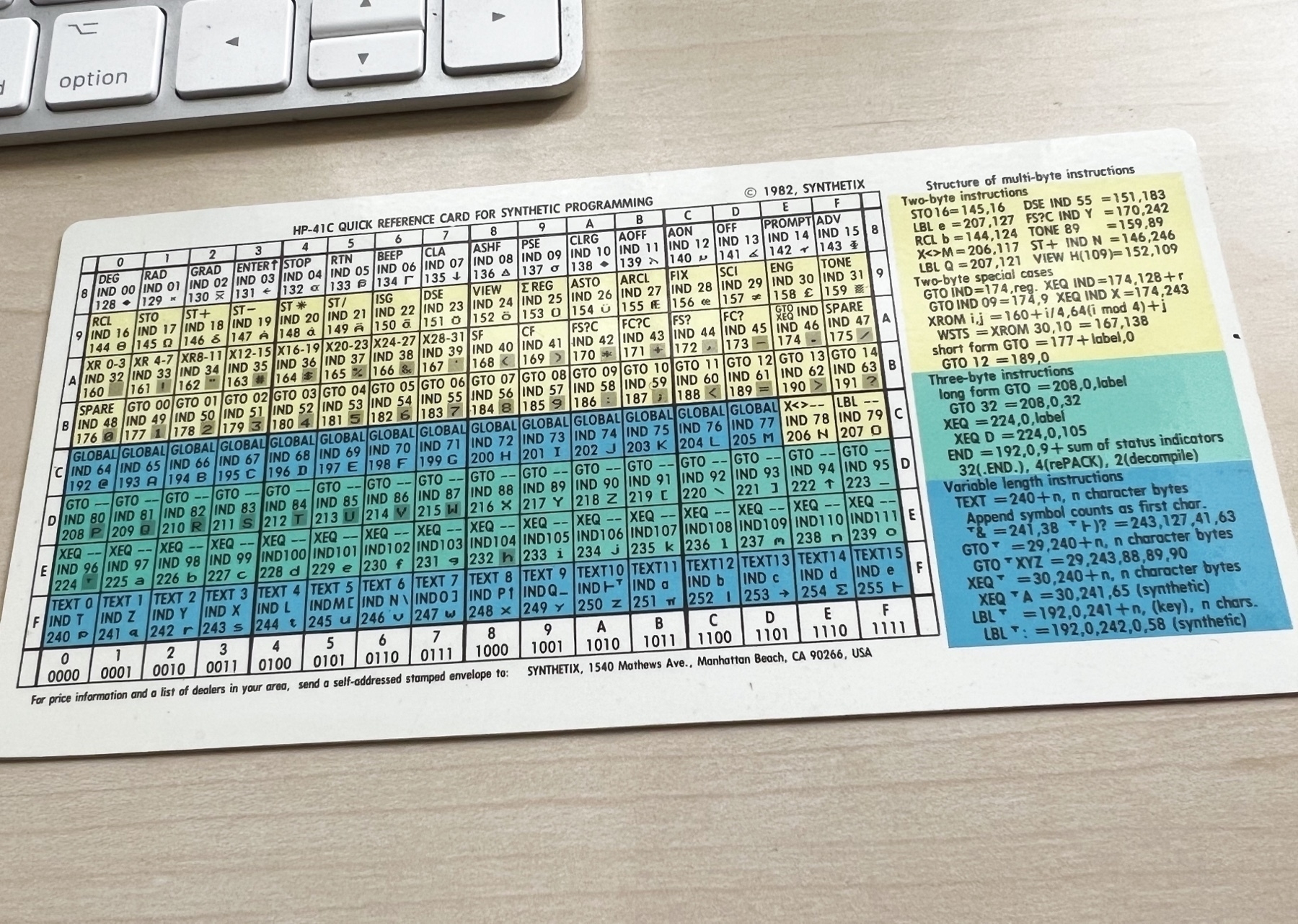 a card containing a very dense table of codes and instructions 