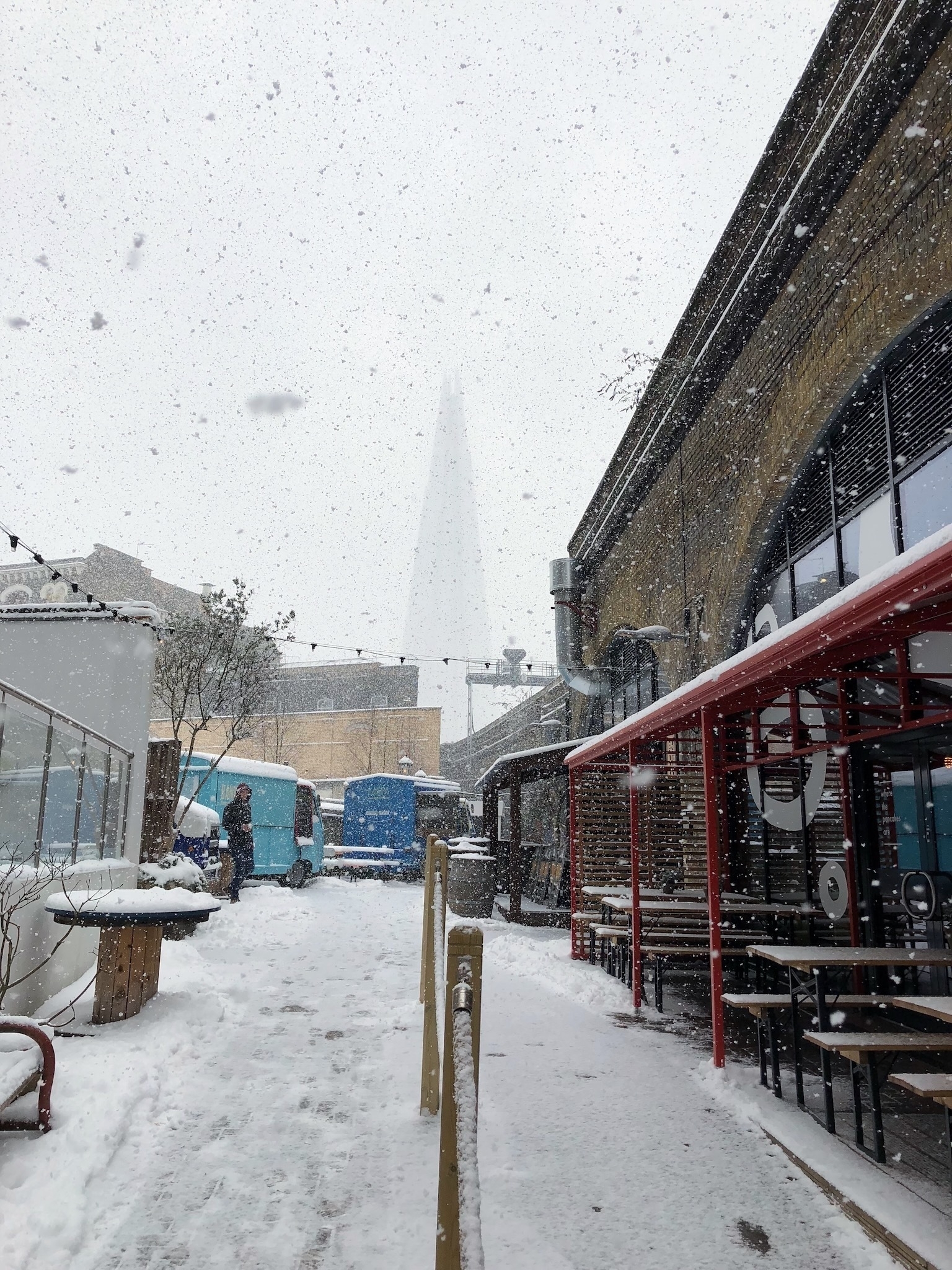 A snowy day in Southwark with the Shard barely visible
