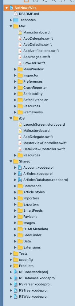 Screenshot of NetNewsWire workspace tree, with Mac, iOS, and Shared folders expanded.