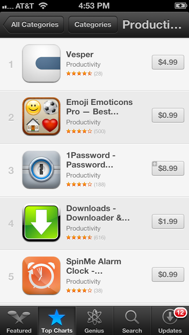 Screenshot of the Productivity chart in the App Store showing Vesper at #1.