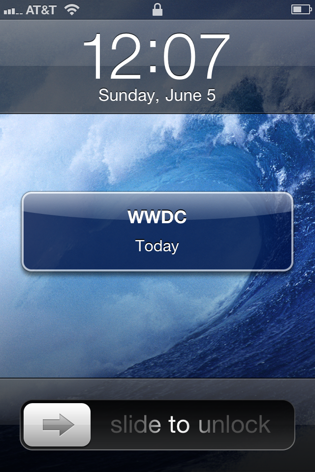 Screenshot of an older iOS showing a notification that WWDC is today.