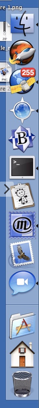 Macintosh Dock, on the right side of a screen, showing Finder, MarsEdit, NetNewsWire, Camino, BBEdit, Terminal, VoodooPad, Mailsmith, Mail, iChat, Applications folder, Home folder, and Trash.