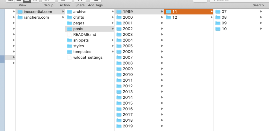 Screenshot of the Finder showing the years and months of the posts in inessential.com. First post was November 7, 1999.