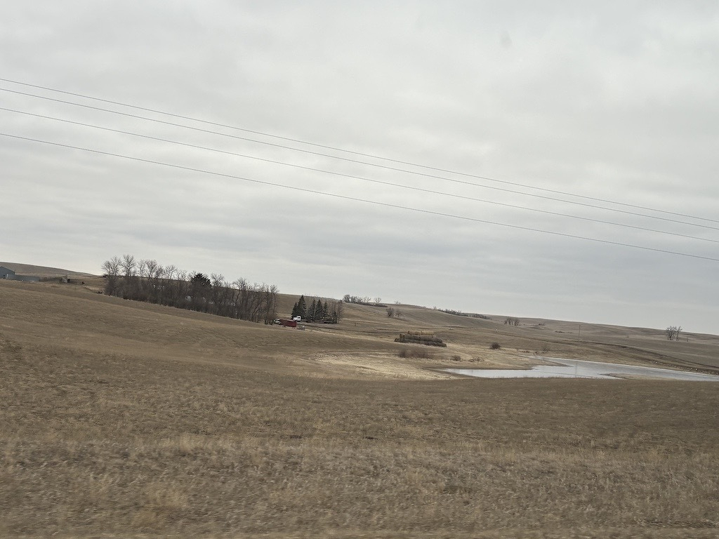 Brown prairie and a bunch of trees around a farmhouse.