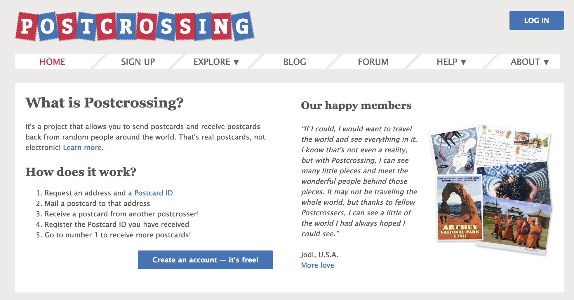 Screenshot of the Postcrossing website which describes how the service works