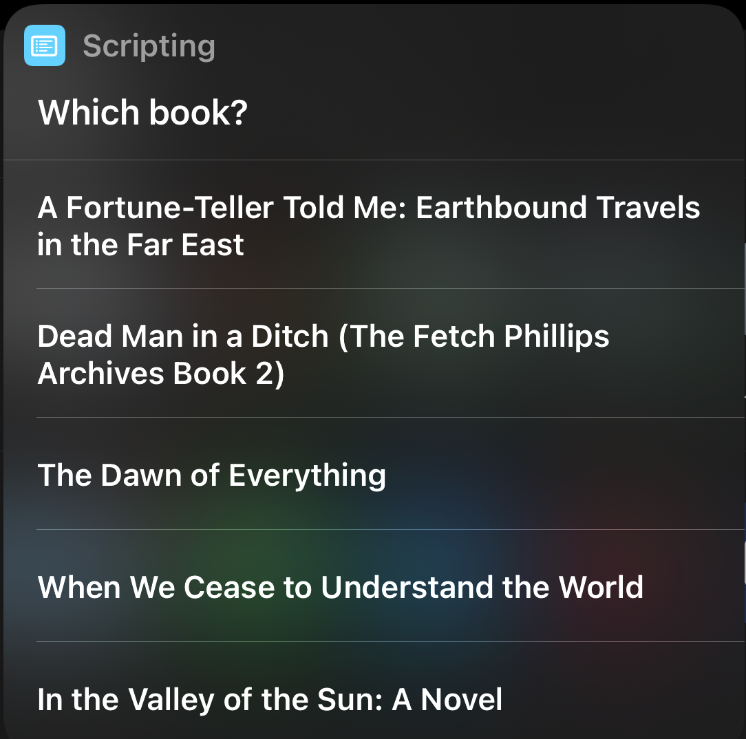 An iPhone screenshot showing a list of the books kept on that user's bookshelves.