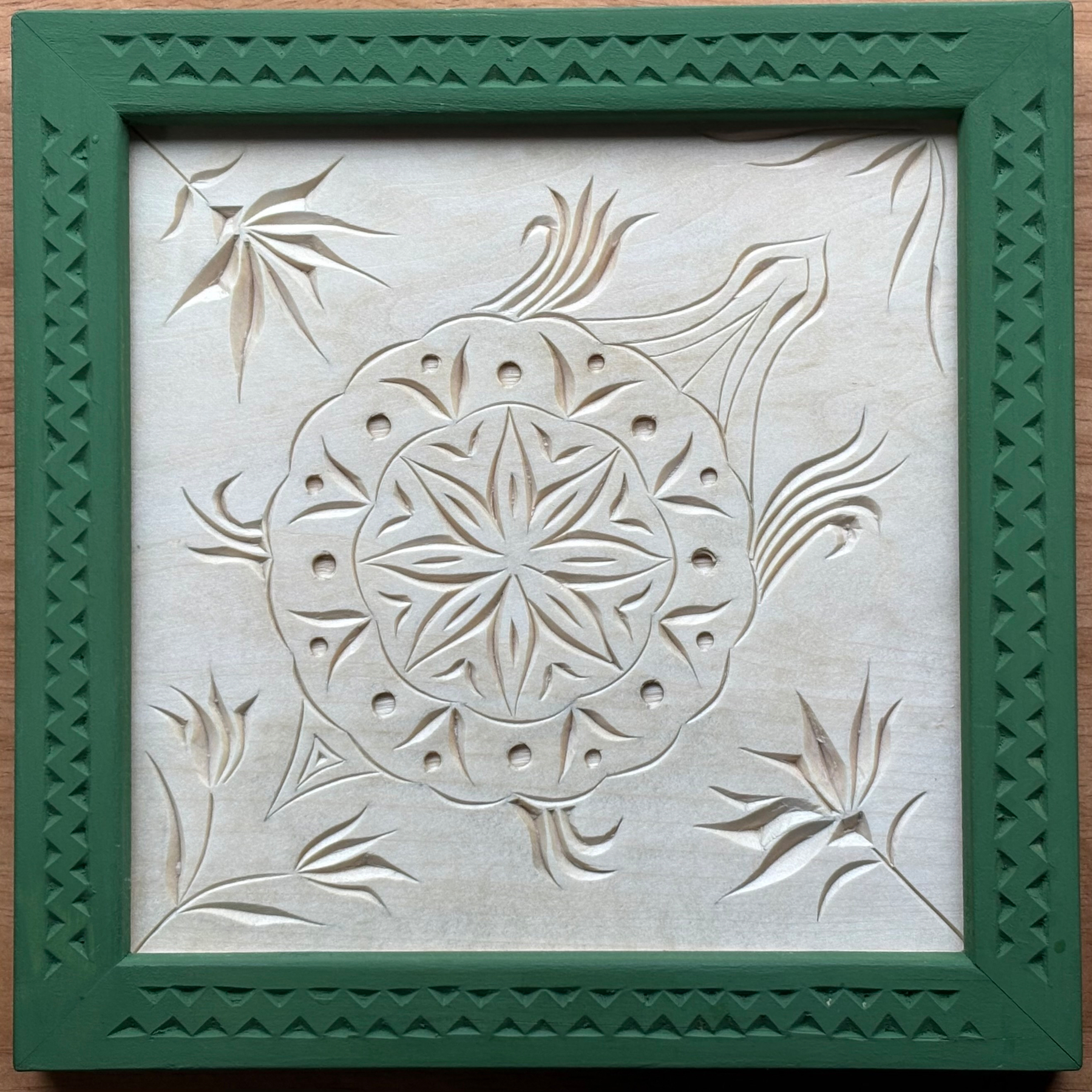 turtle with rosette and flowers, chip carving, inexplicable folk art business