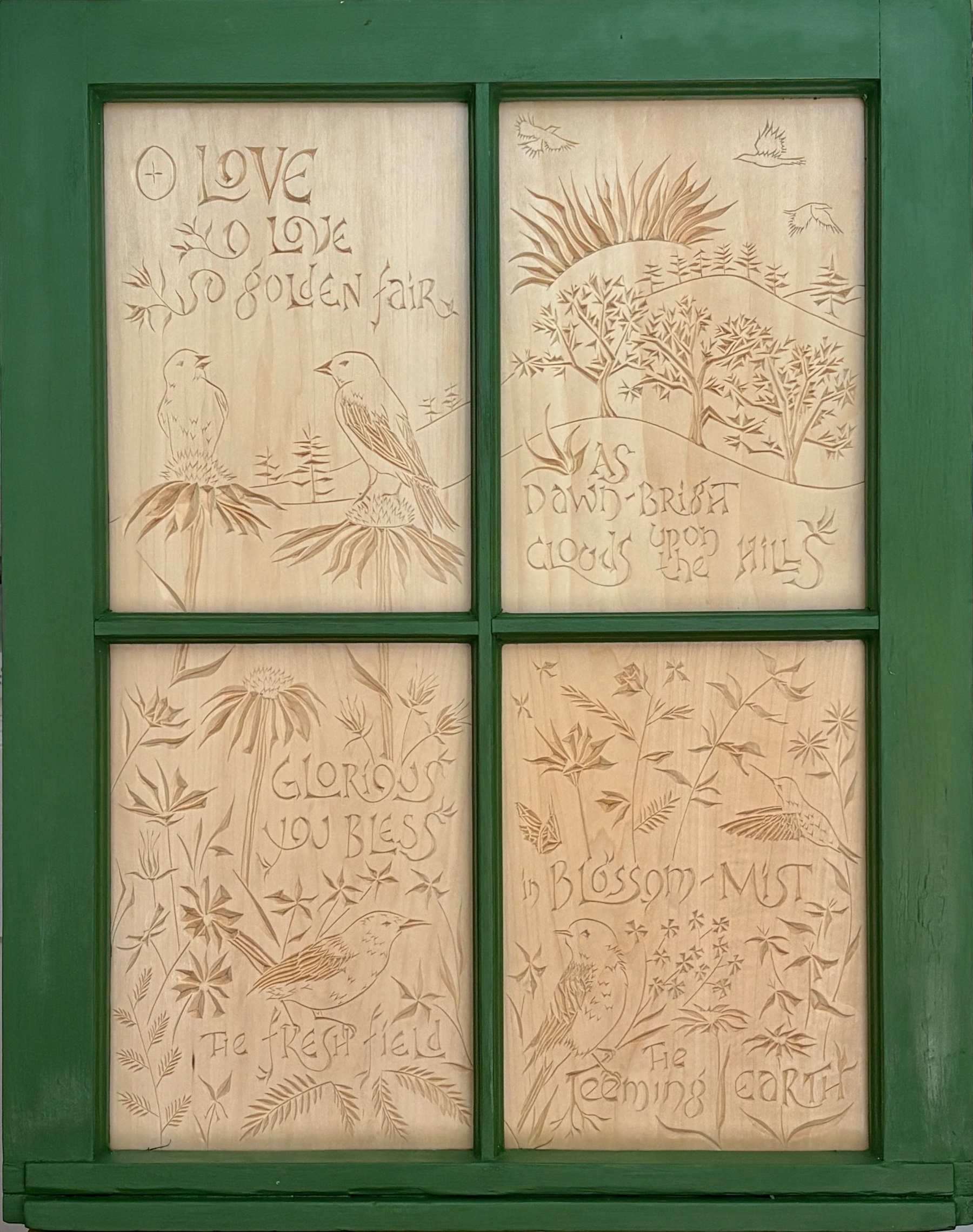 polyptych: four chip-carvings in a reclaimed window, green frame