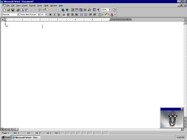 A screenshot of Microsoft Word 97 running on Windows NT 4.0 within a virtual machine on my MacBook Pro. Clippy is swaying within his box in the bottom left corner, anxiously awaiting my next command.