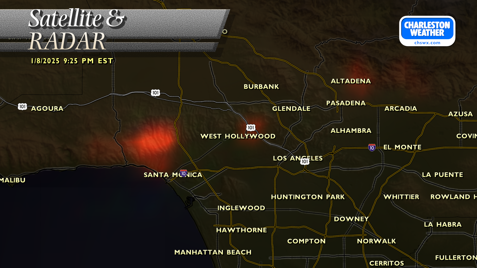 Fire temperature RGB satellite product from GOES-West depicting hotspots in the Los Angeles metro where fires are burning.