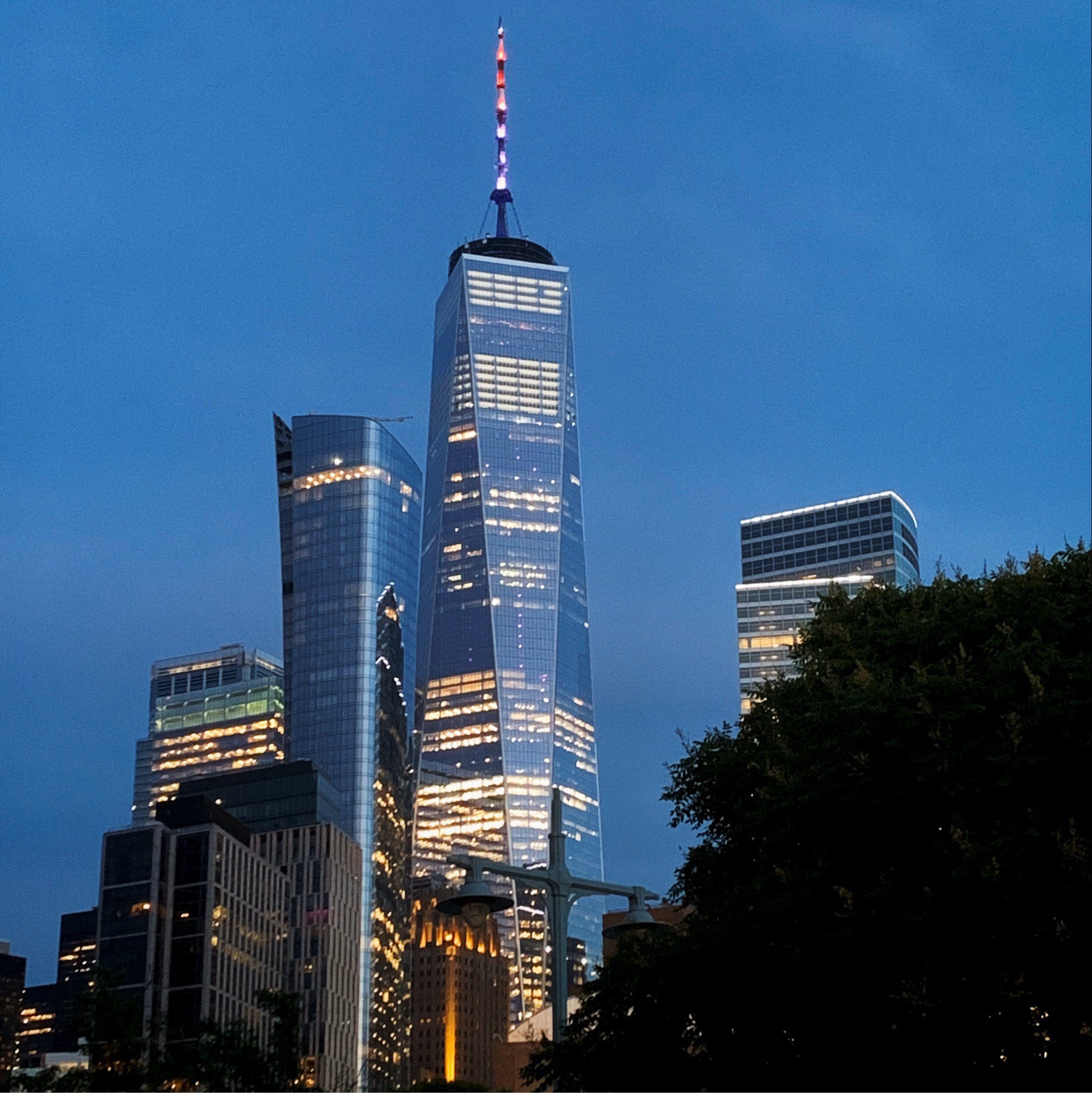 Evening view of One World Trade Center from north west.