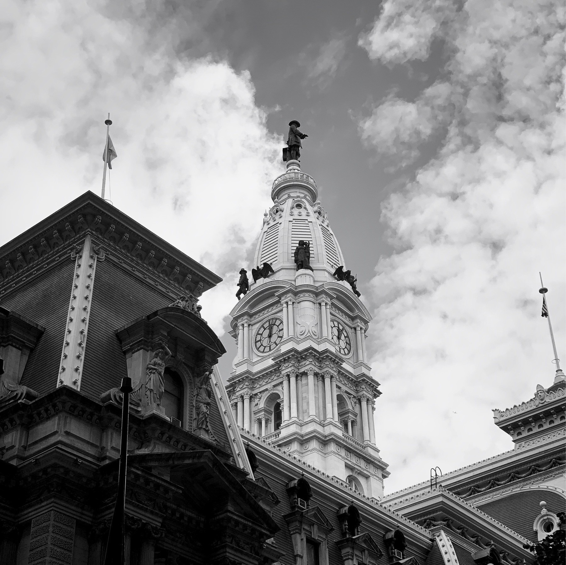 Middle tower of Philadelphia city hall, statue of William Penn on top.