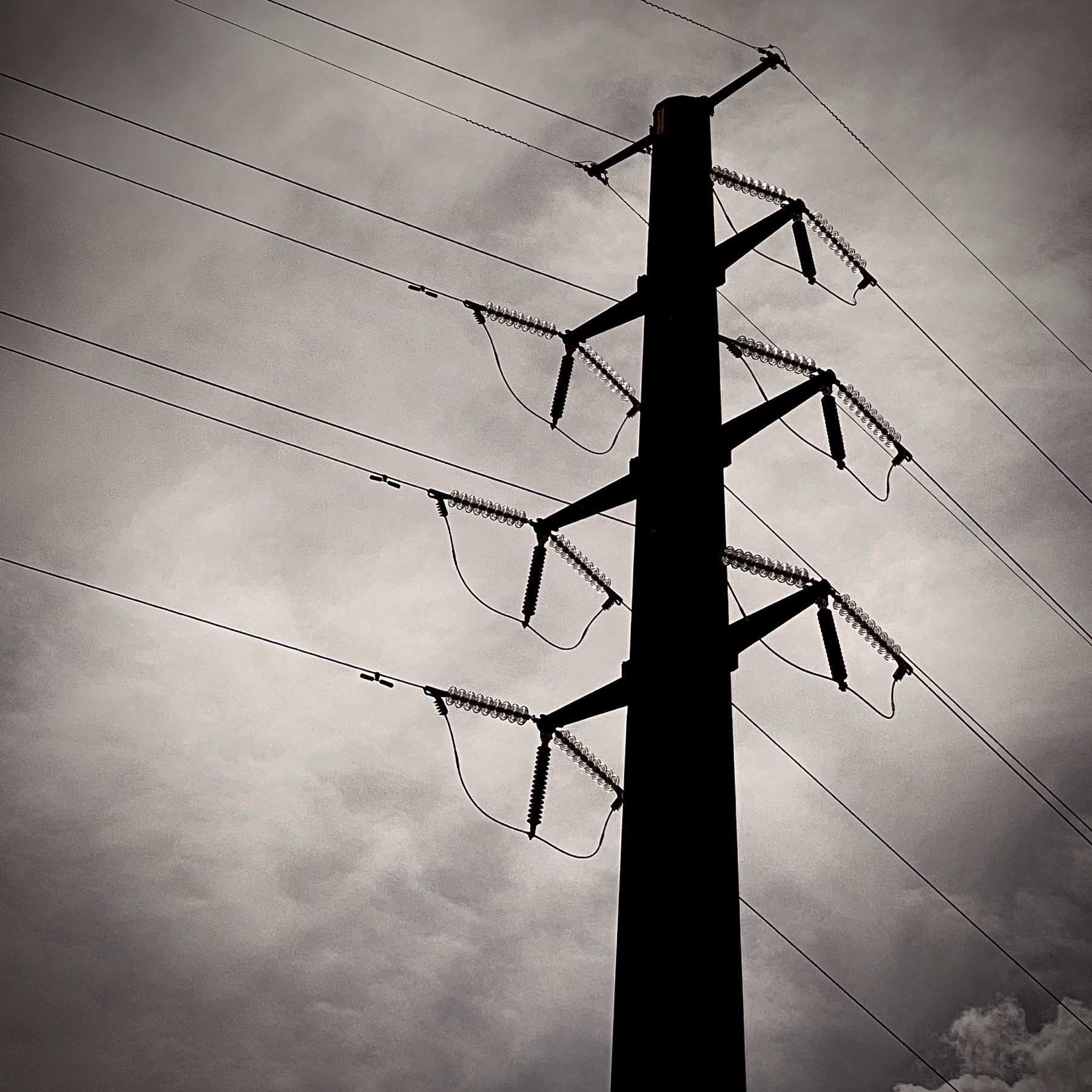 High tension wires, black and white, cloudy sky