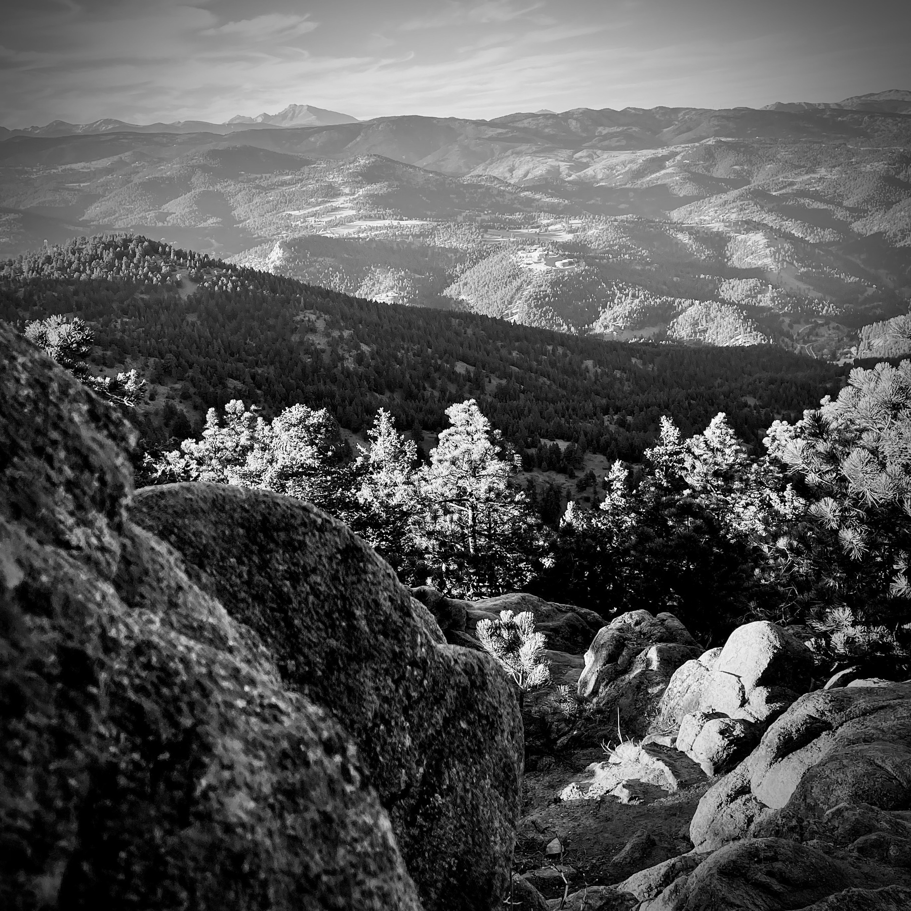 Black and white vista of Rocky Mountains.