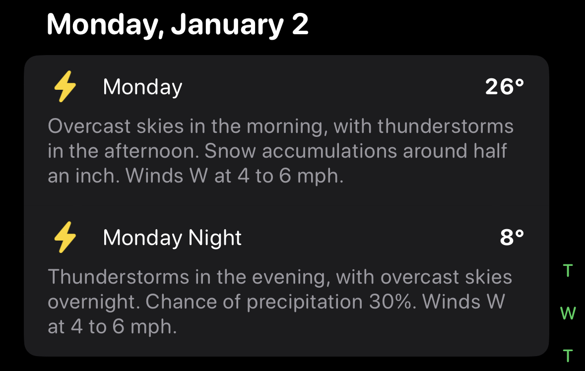 Monday weather forecast. Thunderstorms and snow. 