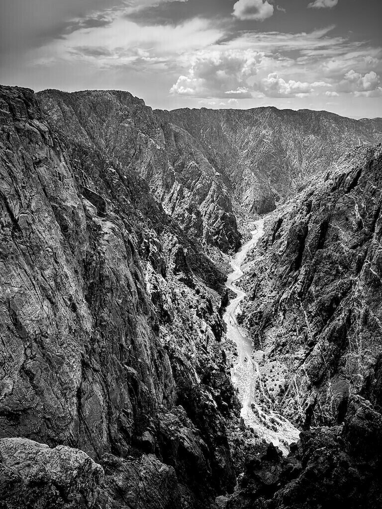 Canyon with river flowing. Black and White. 