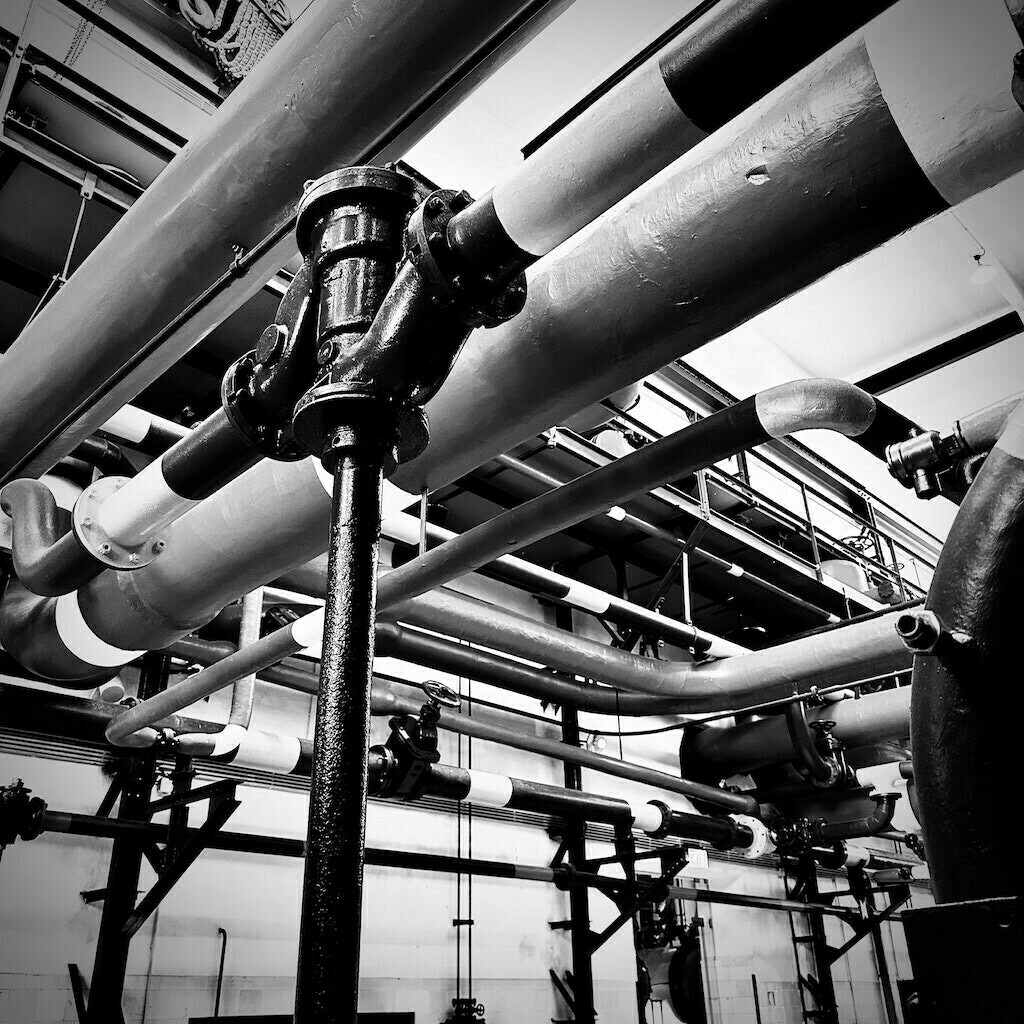 Indoor pipes. Black and white. 
