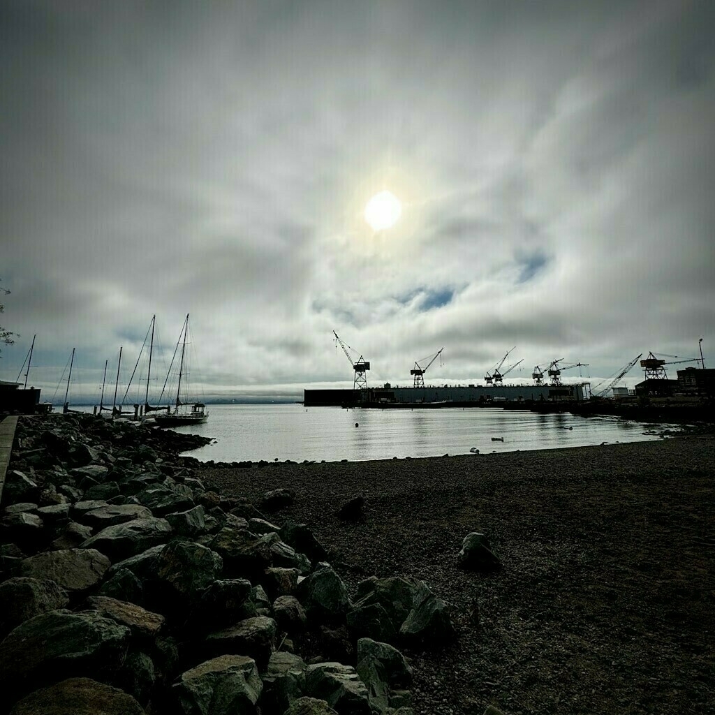 San Francisco Bay. Thick clouds. Giant industrial cranes. 