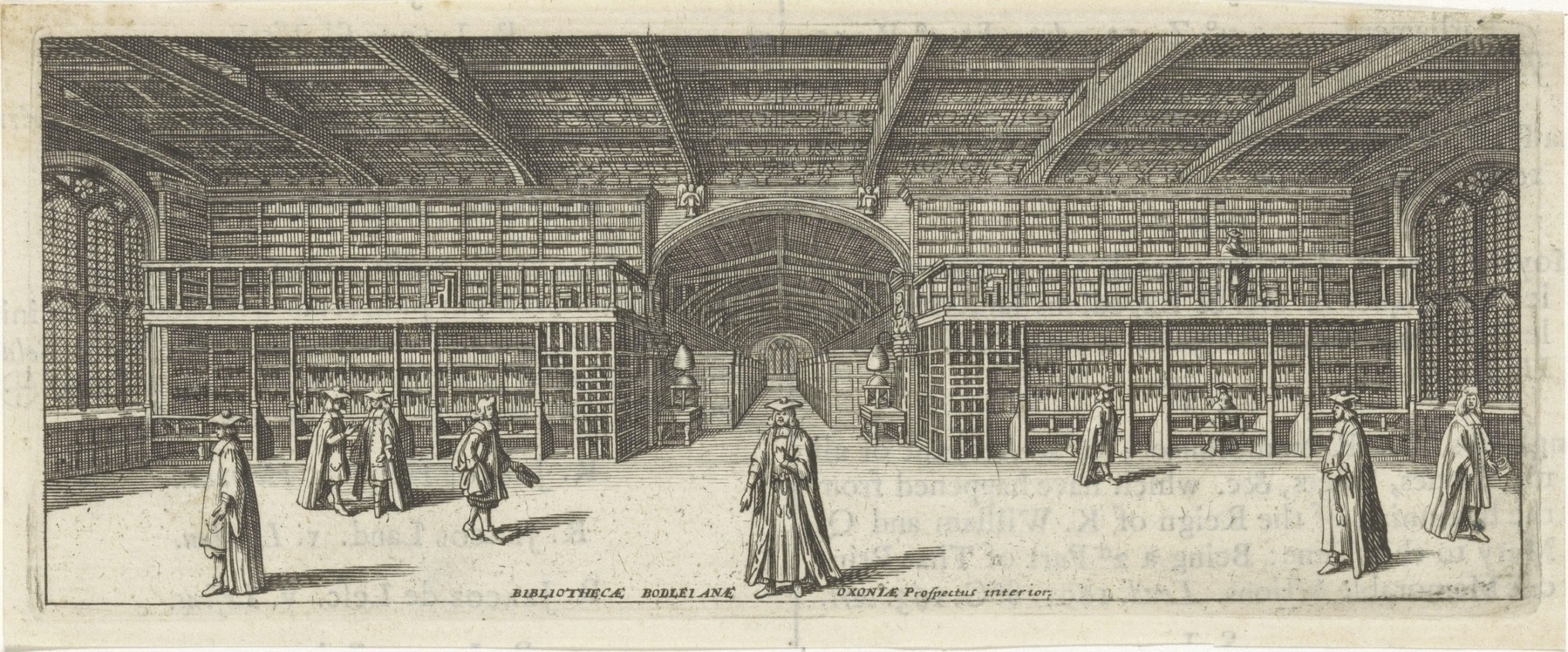 A drawing of the interior of the Bodleian Library in Oxford.